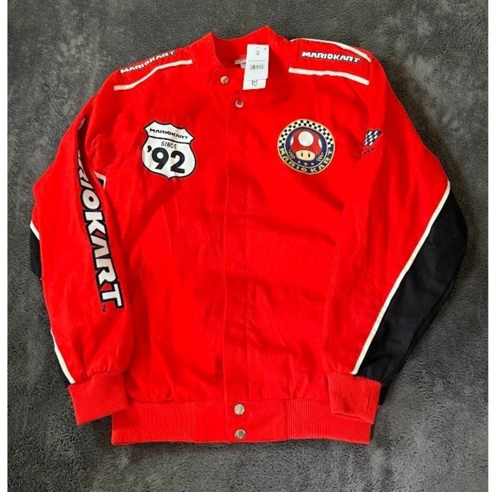 Nintendo Mario Kart Racing Jacket Red Cotton Twill Snap Front Toad Patch Small